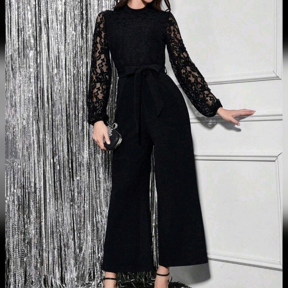 Contrast Lace Lantern Sleeve Belted Wide Leg Jumpsuit - Picture 1 of 4